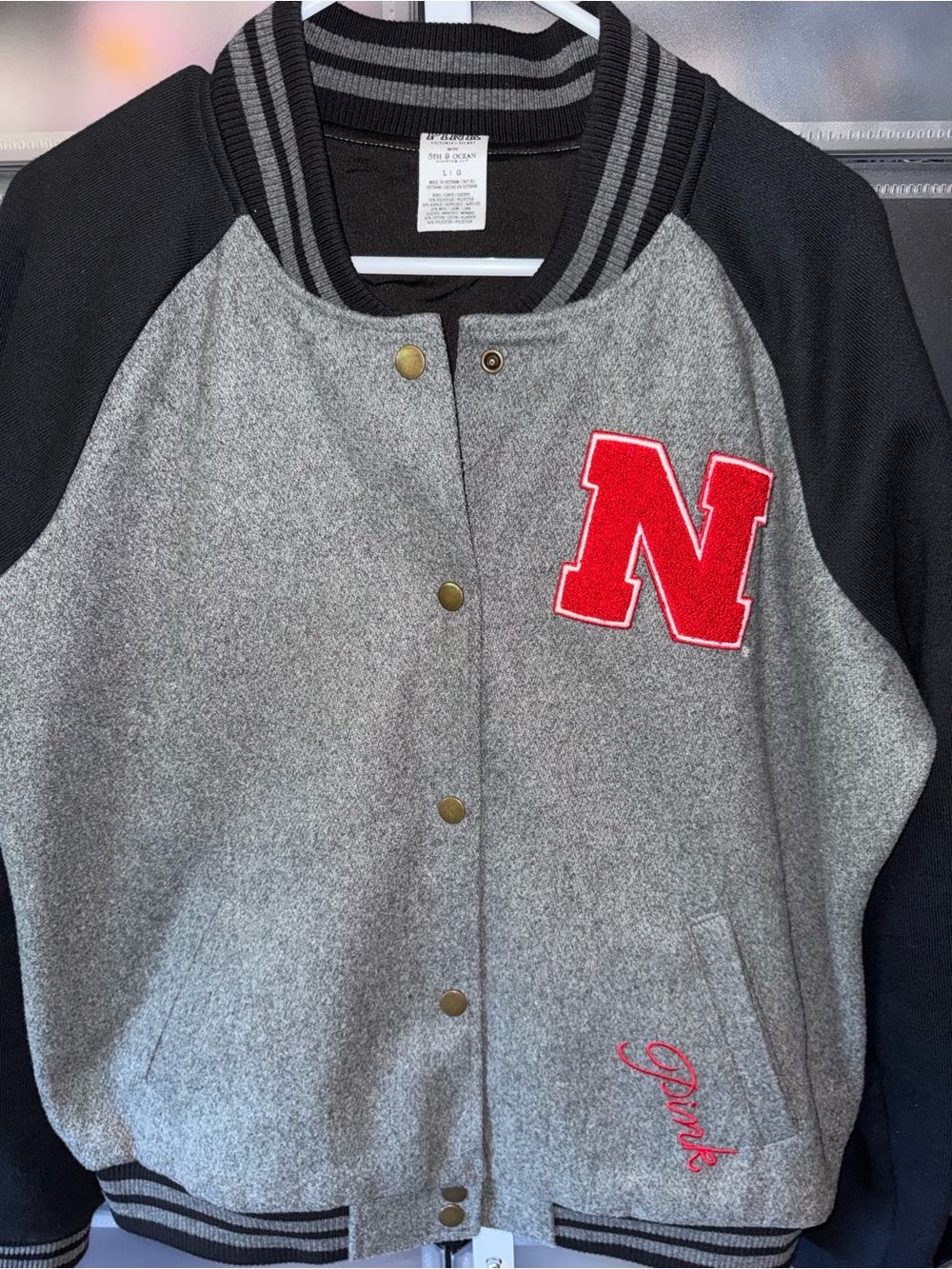 PINK Victoria's Secret x 5th 8 Ocean Nebraska Cornhuskers Varsity Jacket L - Picture 6 of 14